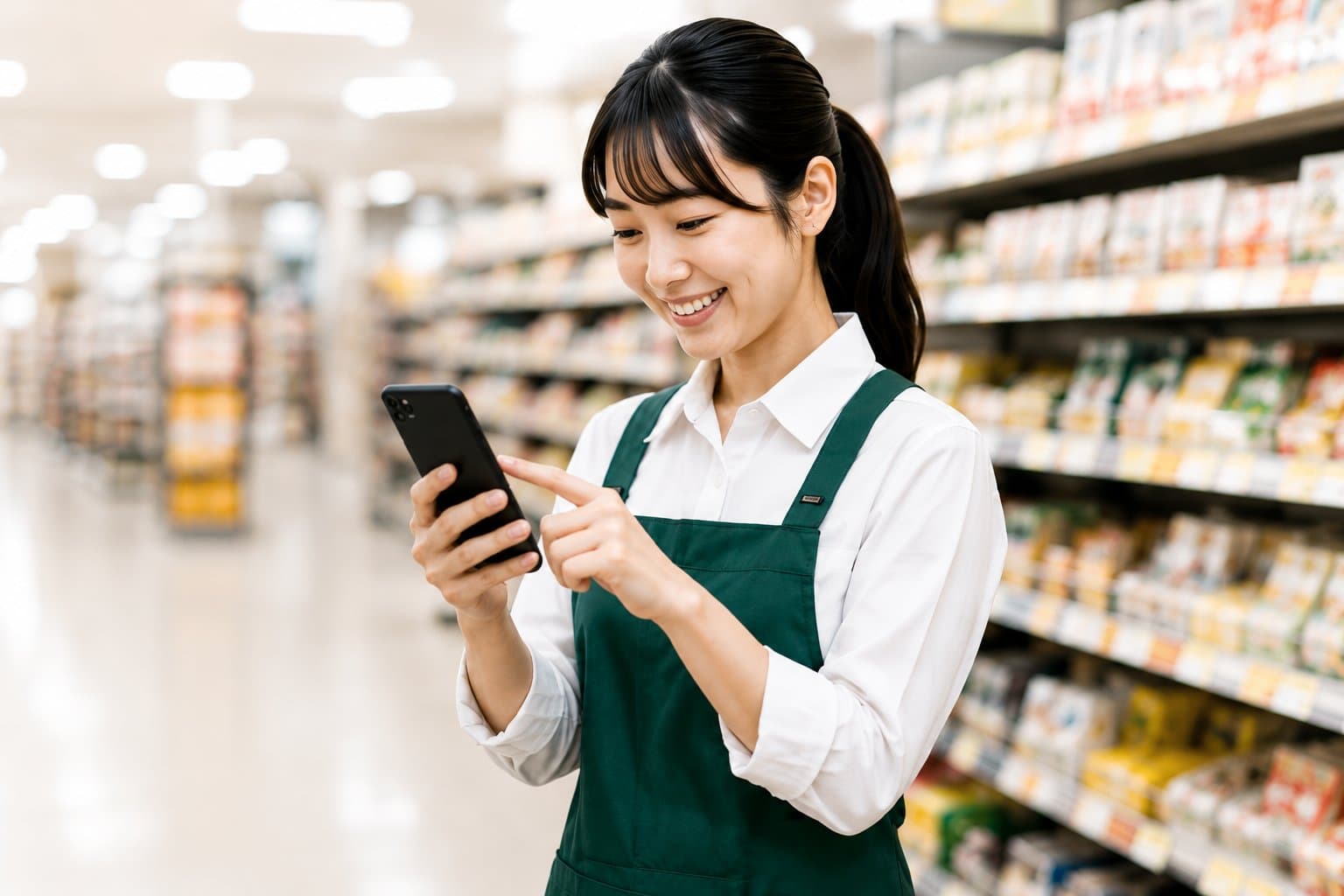 店舗でスマホから日報を書く現場スタッフのイメージ