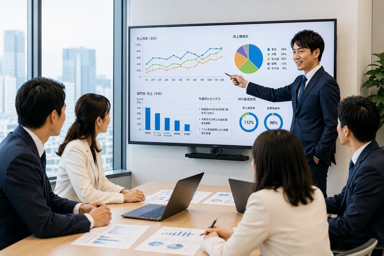 本部の会議でダッシュボードを確認するイメージ